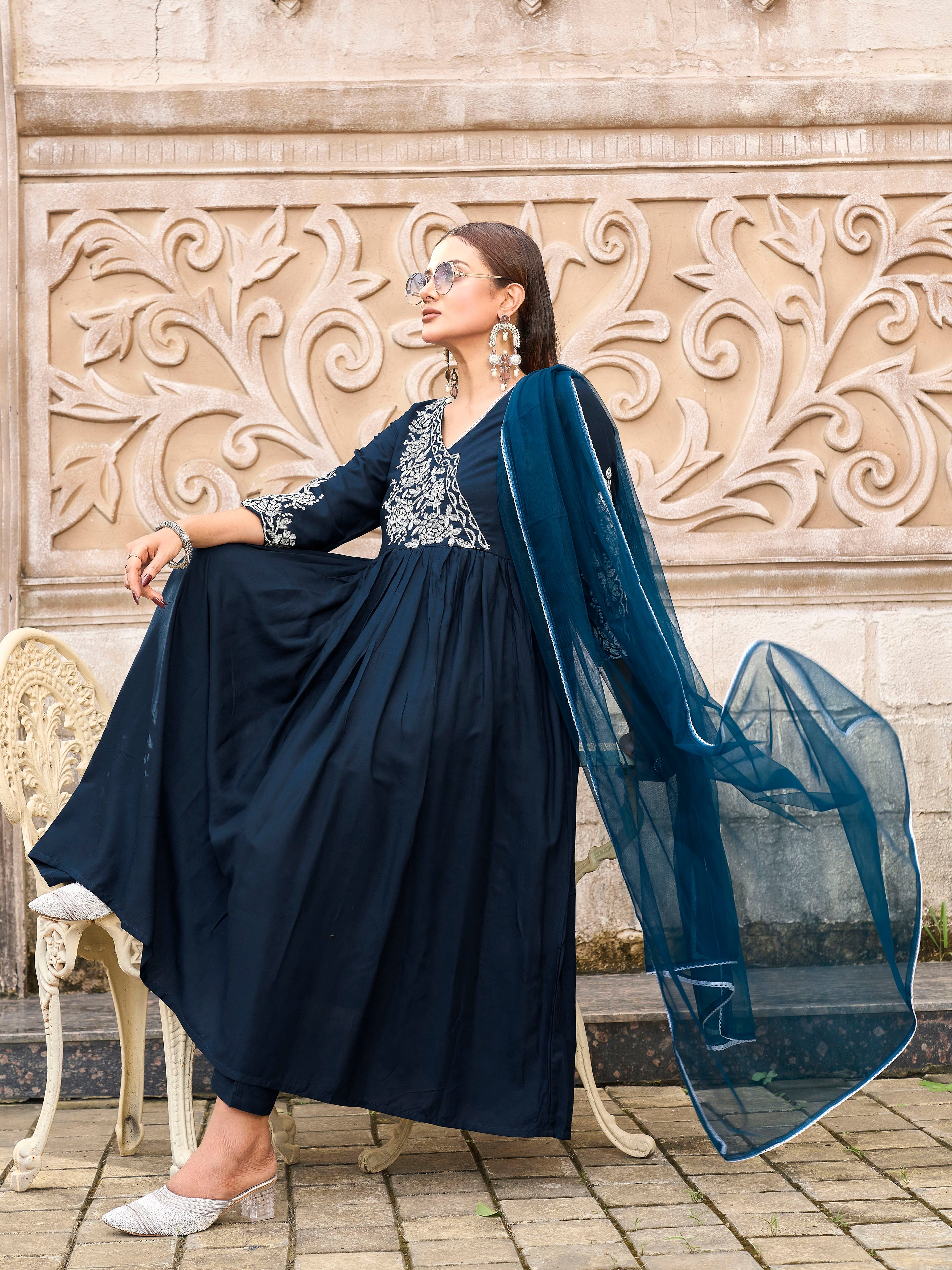 Teal color rayon white thread embroidered A-line kurta & trouser with dupatta set